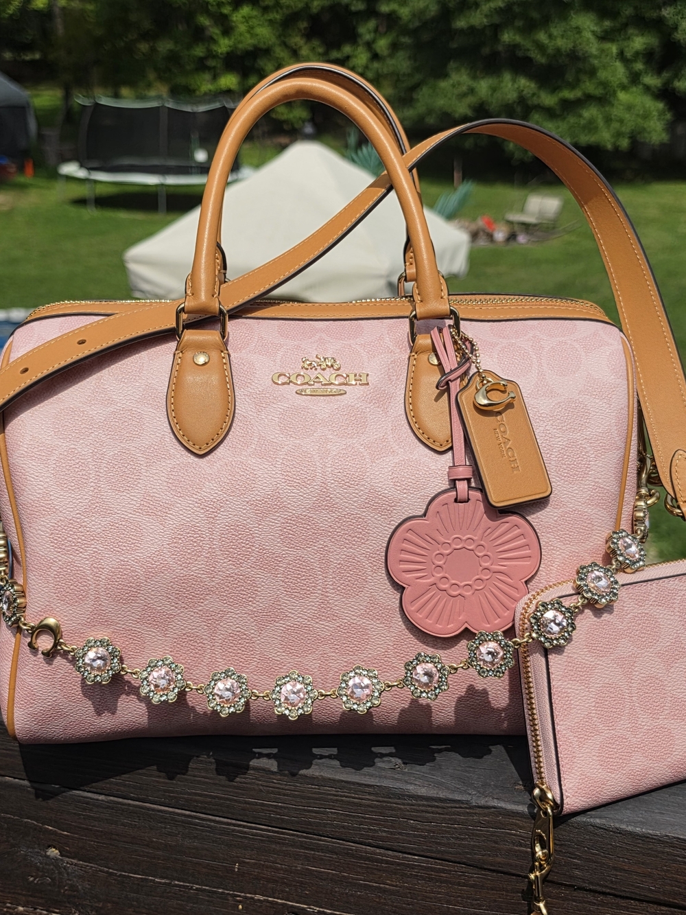 Coach Pale Pink Satchel with Tan Leather Trim And Matching Wallet & Charm Strap.